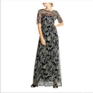 NWOT Adrianna Papell gold embroidered lace black evening gown